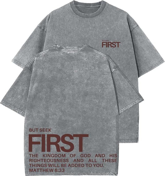 Seek First His Kingdom Unisex Washed T-Shirt, Christian Tshirts, Vintage 90s Graphic Tee, Gift Top Womenswear Cotton Mineral Color