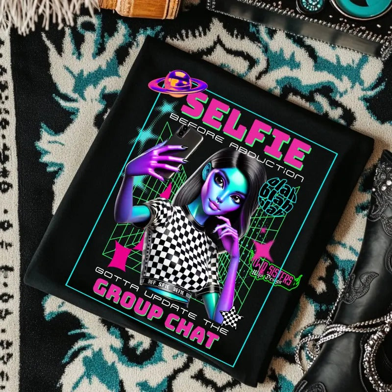 Selfie Before , Gotta Update the Group Chat -  Black Crewneck Sweatshirt, T Shirt, or Hoodie Pullover | Punk, Alt, Grunge, Goth, Skeleton Style