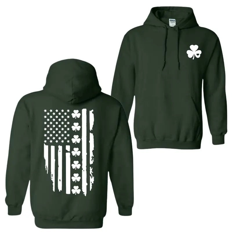 Shamrock American Flag Hoodie, Irish American Flag Hoodie, St. Patrick's Day Gift, Green Hoodies for Men and Women with Lucky Clover Design