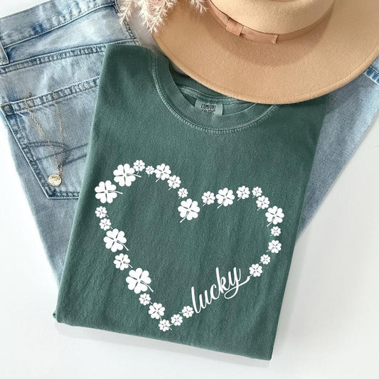 Shamrock Heart, Lucky, St Patrick's Day Comfort Colors Tshirt, Women's Crew Neck, Crewneck