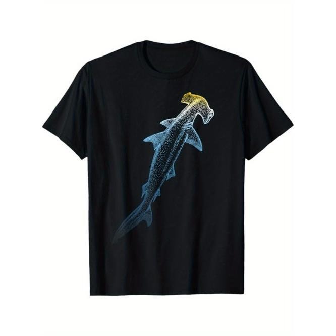 Shark Print Men's Cotton T-shirt, Graphic Tee Men's Outdoor Clothes, Men's Clothing, Casual Short Sleeve Crew Neck T-shirt, Tops For Men, Gift For Men Made in USA