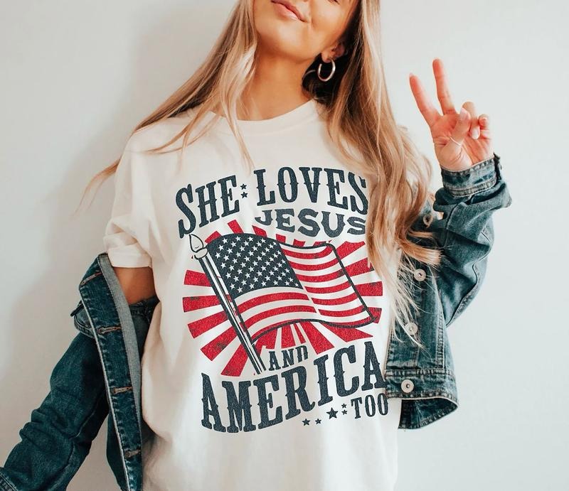 She Loves Jesus And America Too Shirt, America Retro TShirt, Fourth Of July Sweatshirt, USA Flag, Independence Day Shirt, Christian Shirt, 4th of July Shirt