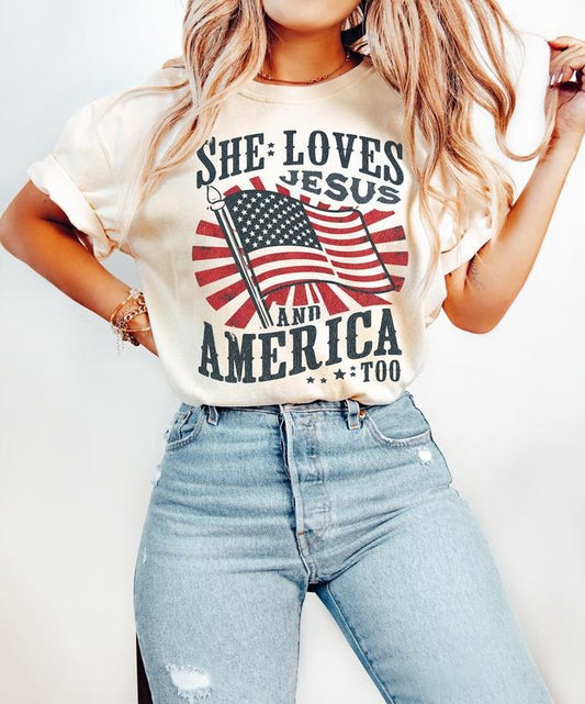 She Loves Jesus And America Too Shirt, July Of 4th, Patriotic, America, USA Shirt, 4th Of July Gift, Christian, USA Flag, Independence Day Shirt