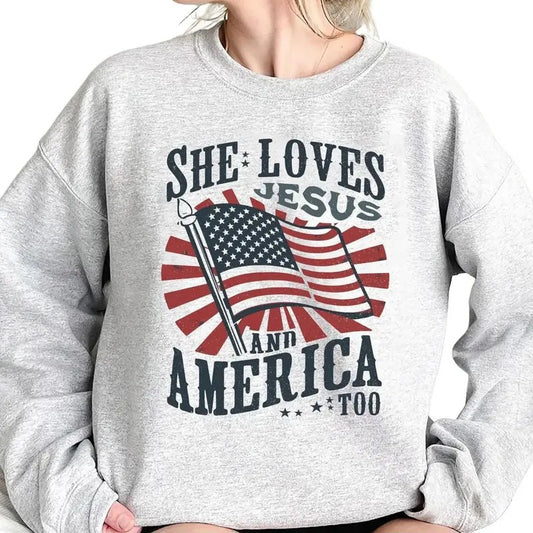 She Loves Jesus And America Too Sweatshirt Hoodie, USA Independence Day Shirt, 4th of July Shirt, America Retro Sweatshirt Hoodie, USA Flag