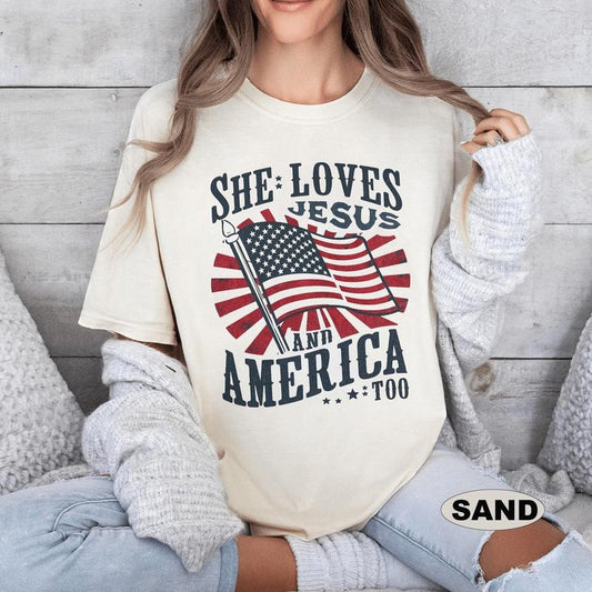 She Loves Jesus and America Too, USA 4th of July Shirt, Christian Graphic Tee, Oversized Merica Tee