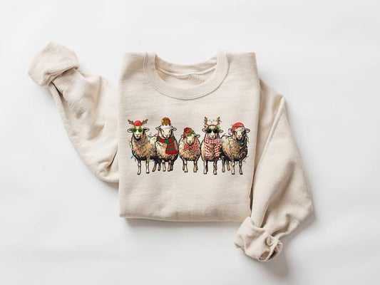 Sheep Christmas Light Sweatshirt, Christmas Sheeps Sweater, Funny Farm Animal Xmas Shirt, Sheep Lover Christmas T-shirt, Christmas Gifts Menswear Collar