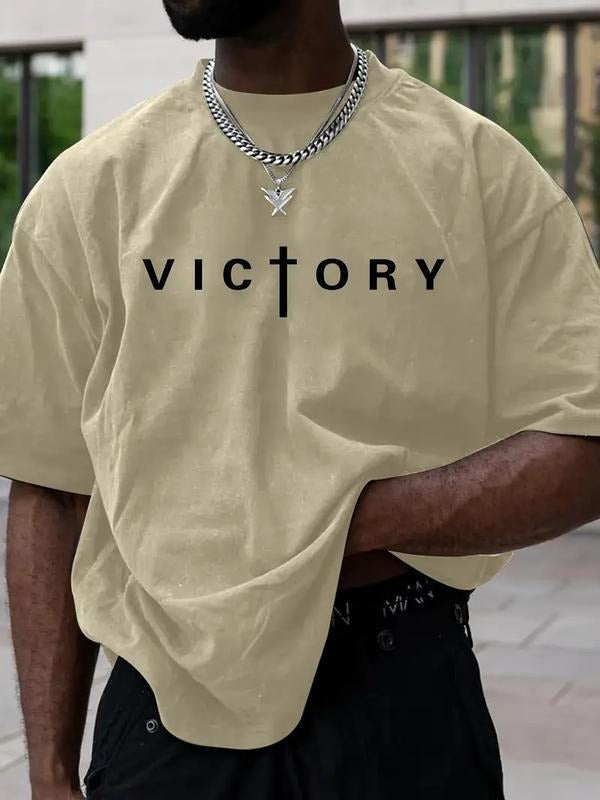 Short sleeve T-shirt printed with victory pattern, fashionable for men, easy to wear, go to work, gift for men and women...