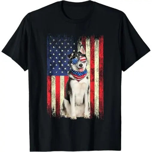 Siberian Husky American Flag 4th Of July Patriotic Dog Lover T-Shirt Made in USA