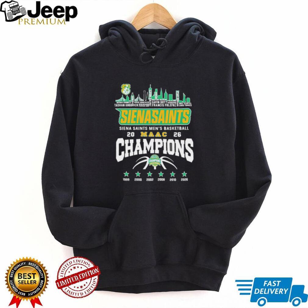 Siena Saints Men’s Basketball 2026 MAAC Champions Skyline Black T Shirt