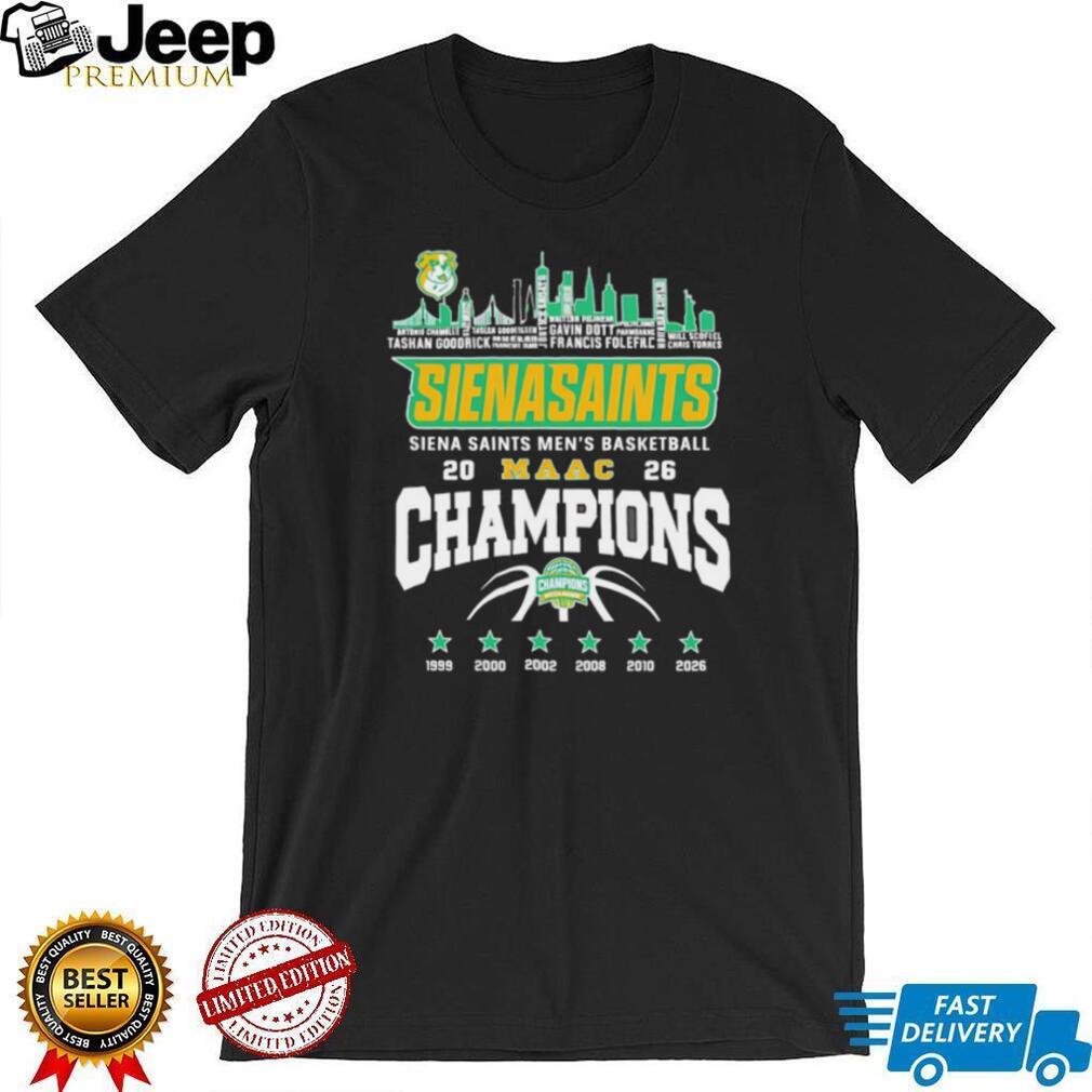 Siena Saints Men’s Basketball 2026 MAAC Champions Skyline Black T Shirt
