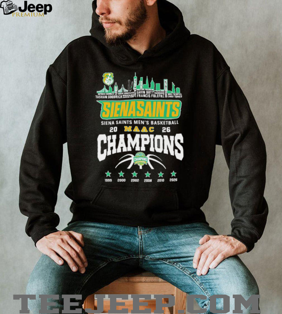 Siena Saints Men’s Basketball 2026 MAAC Champions Skyline Black T Shirt