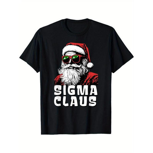 Sigma Claus Christmas T-Shirt, 100% Cotton Crew Neck Short Sleeve Tee, Geometric Santa Print, All-Season Casual Wear for Adults, Medium Stretch Knit Fabric- Black Made in USA
