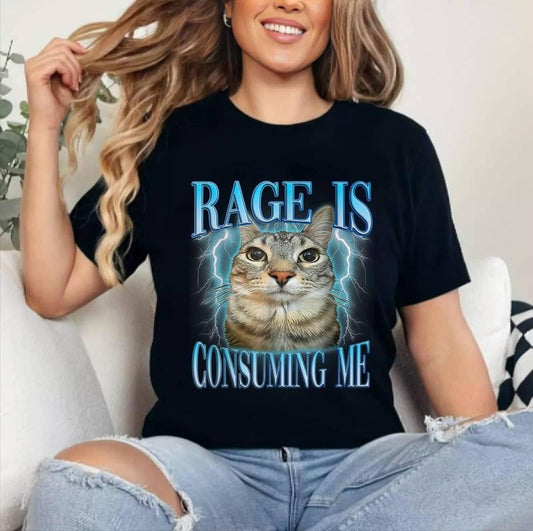 Silly Cat Rage Is Consuming Me Silly Staring Cat Meme T-Shirt | Unisex Cotton Tee, Short Sleeve, Size S-3XL
