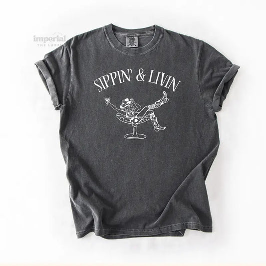 Sippin' & Livin Comfort Colors T-Shirt, Oversized Vintage-Washed Tee, Soft Garment-Dyed Cotton, Aesthetic Streetwear, Casual Everyday Outfit