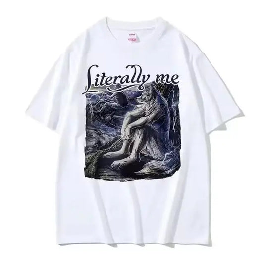 Sitting Wolf Literally Me Funny Meme Vintage Graphic Tee Men Clothing Fashion Retro T Shirts Unisex Casual Cotton Oversized T-shirt Y2k Top Streetwear Menswear Tshirt