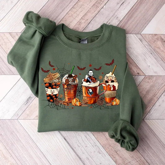 Skeleton Coffee Cups Sweatshirt, Halloween Horror Characters Sweatshirt, Halloween Coffee Drinks Sweater, Halloween...