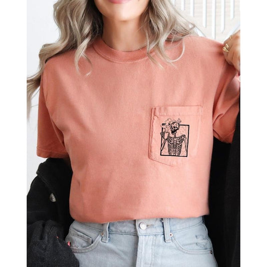 Skeleton Coffee, Halloween Pocket Tee, Women's, Comfort Colors Tee, Spooky, Tshirt, Witch, Pumpkin, Ghost, Skeleton