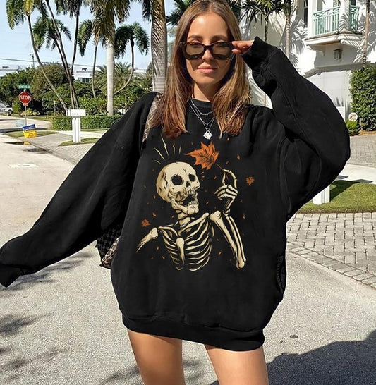 Skeleton Fall Sweatshirt, Autumn Leaves Shirt, Vintage Skeleton Halloween Shirt, 90s Halloween Thanksgiving Shirt