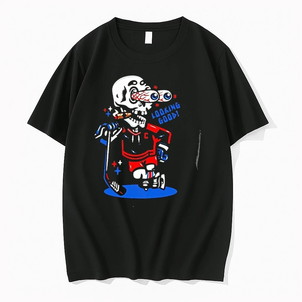 Skeleton Hockey Player Looking Good Skull Mens Black Tees Front Tshirts Sweater