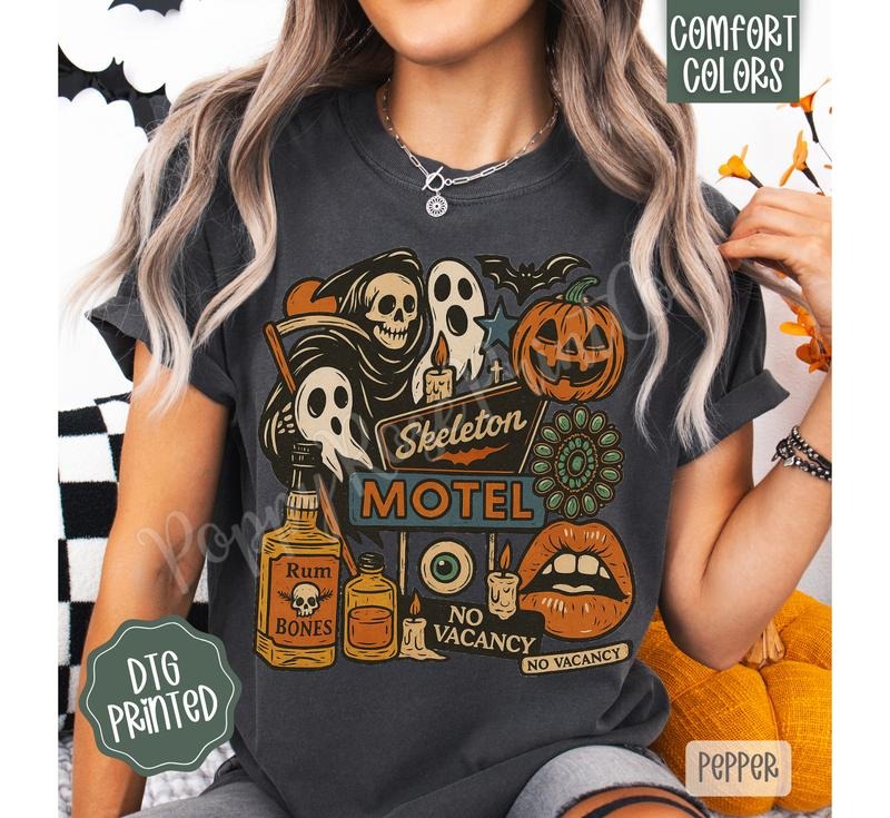 Skeleton Motel Comfort Colors Shirt, Trendy Halloween Tshirt Hoodie, Sweatshirt | WearSparks.com