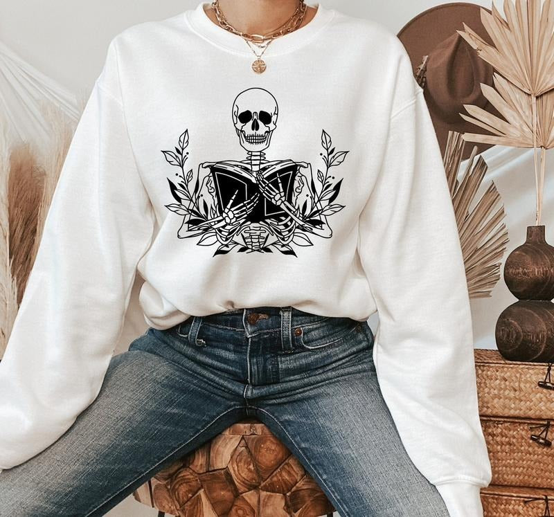 Skeleton With Book Sweatshirt, Reading Sweatshirt, Book Lover Sweat, Gift For Book Lover, Librarian Sweatshirt, Women's Book Crewneck