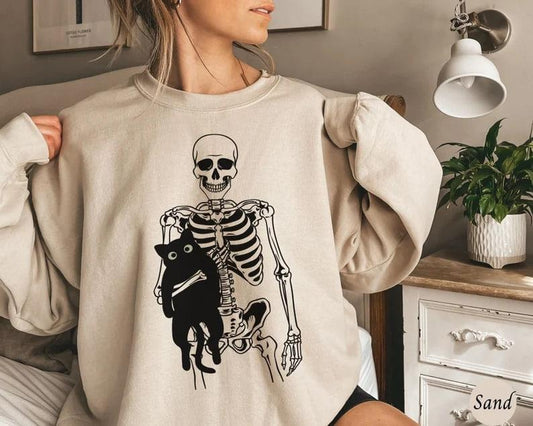 Skeleton and Cat Sweatshirt, Black Cat Halloween Shirt, Spooky Cat Mom Sweater, Gifts for Cat Lovers, Cat Dad Hoodie, Womens Fall Season Tee, Ghost Sweatshirt, Ghost Cat, Black Cat Sweatshrit, Skeleton Black Cat Sweatshirt