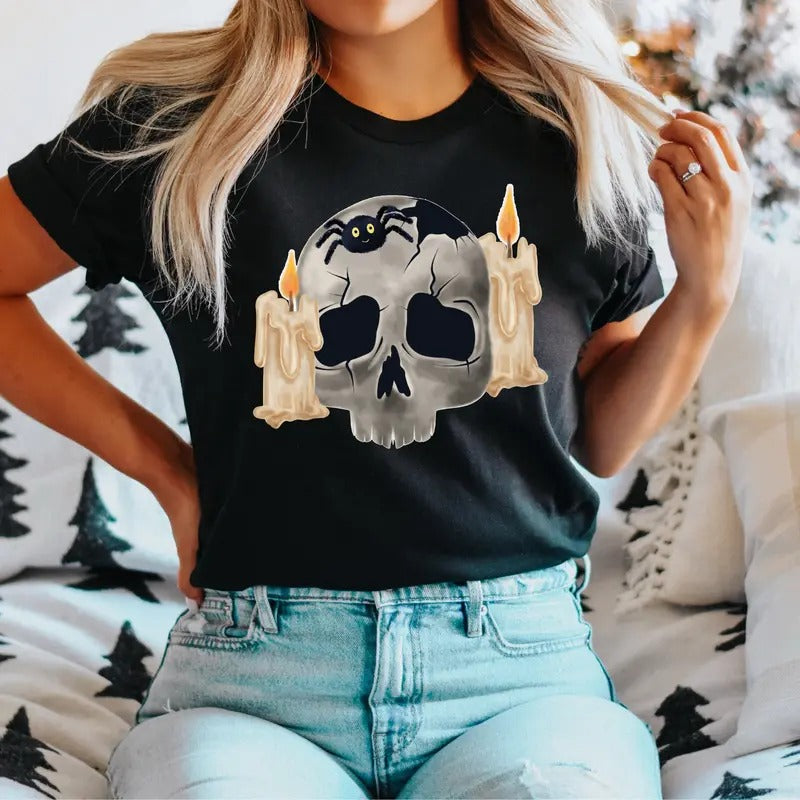 Skull And Candle T-Shirt, Gothic Skull Shirt, Halloween Skull Tee, Spooky Candles Tee, Horror Skull Shirt, Horror Lovers...