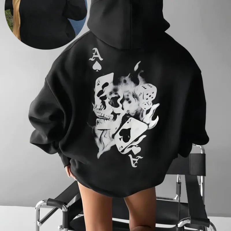 Skull Print Drop Shoulder Thermal Lined Hoodie, Fashion Casual Drawstring Pocket Hooded Sweatshirt for Daily Holiday Outdoor Wear, Women Clothing for Fall & Winter