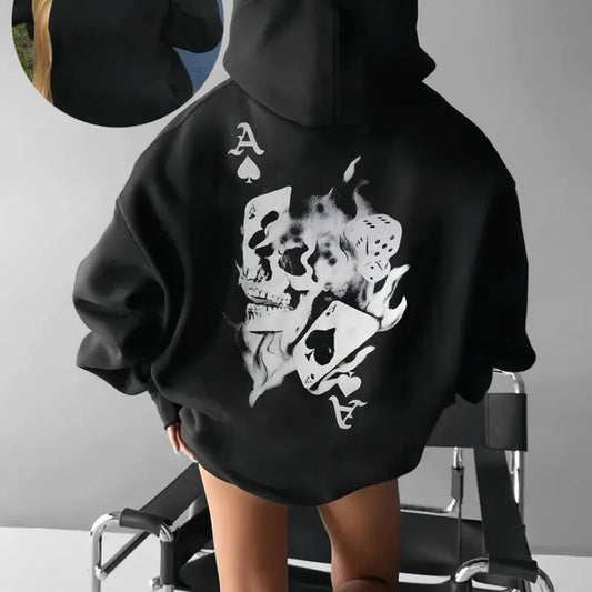 Skull Print Drop Shoulder Thermal Lined Hoodie, Fashion Casual Drawstring Pocket Hooded Sweatshirt for Daily Holiday Outdoor Wear, Women Clothing for Fall & Winter
