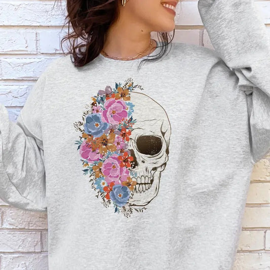 Skull Sweatshirt Pink and Blue Floral Skull Pullover Floral Skeleton Sweatshirt Pink and BLue Flower Half Skull Pullover Womens Flower Skull Sweatshirt