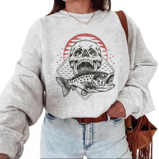 Skull and Fish Dark Fishing Adventure Vintage Sweatshirt Country Fisherman Fisherman for T-Shirts Cotton Pullover Womenswear