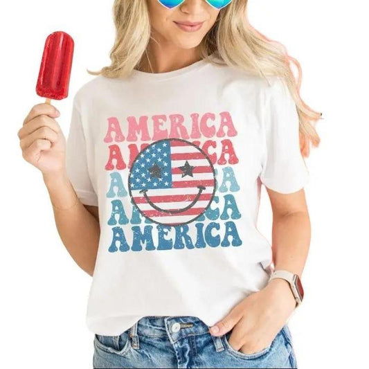 Smiley Face Shirt, 4th Of July Shirt, Retro Smile Face Vintage Graphic Tee Cute Summer Fourth T-shirt Plus Size USA Happy Face Tshirt