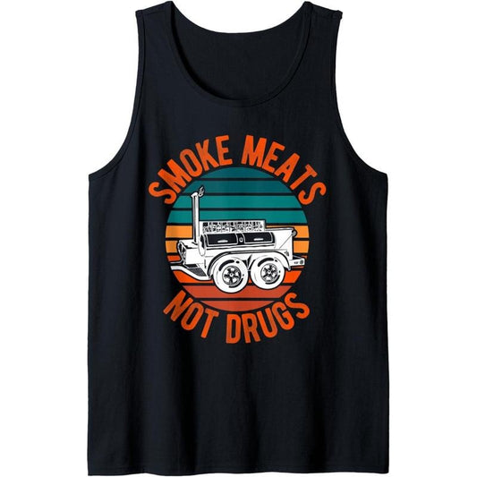 Smoke Meats Not Drugs Funny BBQ Grill Smoker Vintage Sunset Tank Top MADE IN USA