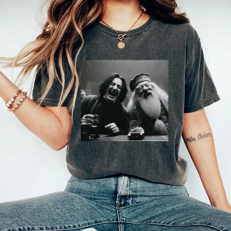 Snape and Dumbledore Laughing Drinking Shirt Potter Tee Wizarding Fan Potterhead Christmas Birthday Gift Potter Book Menswear Streetwear Man Casual Shortsleeve Crewneck Tshirt Tops