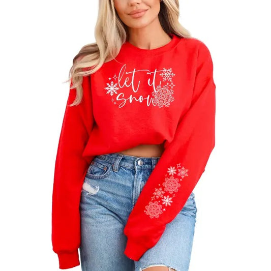 Let It Snow Christmas Sweatshirt W/ Snowflake Design Down Both Sleeves, Traditional Christmas Sweater | Unisex Soft & Comfortable Winter Style