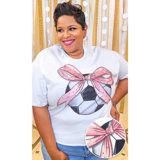 Soccer Pink Bow Rhinestone Graphic Shirt