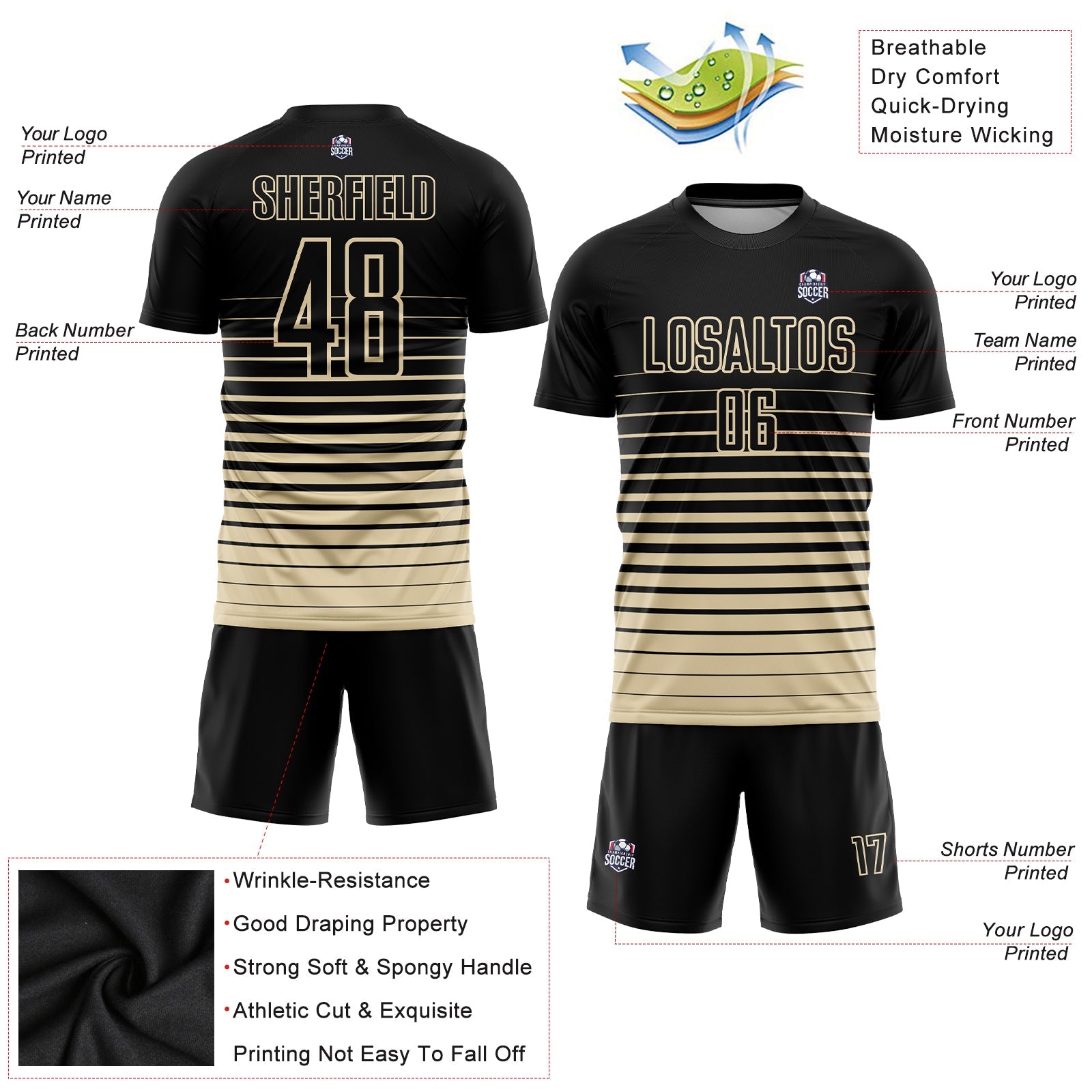 Custom Black Cream Pinstripe Fade Fashion Sublimation Soccer Uniform Jersey T-Shirts, Hoodie, Sweatshirt (Image 3)
