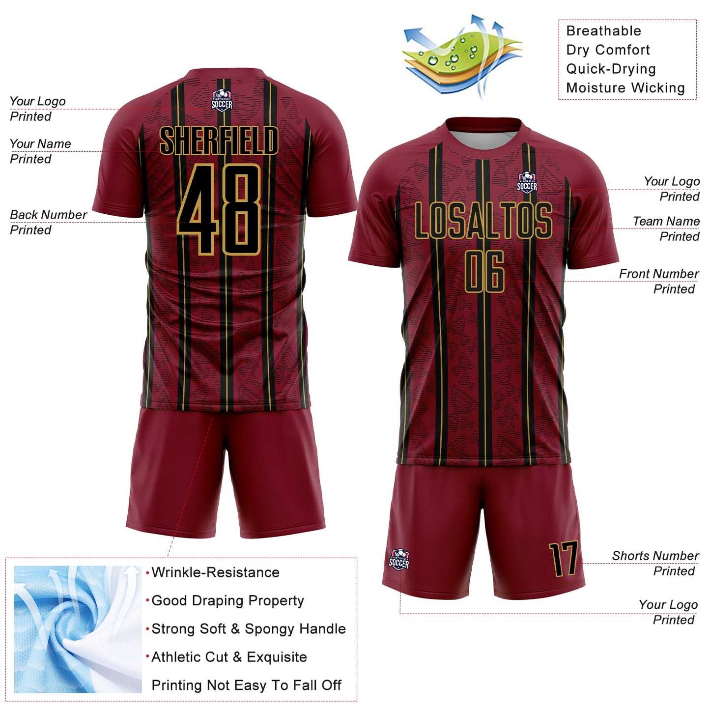 Custom Crimson Black-Old Gold Stripe Line Sublimation Soccer Uniform Jersey T-Shirts, Hoodie, Sweatshirt (Image 4)