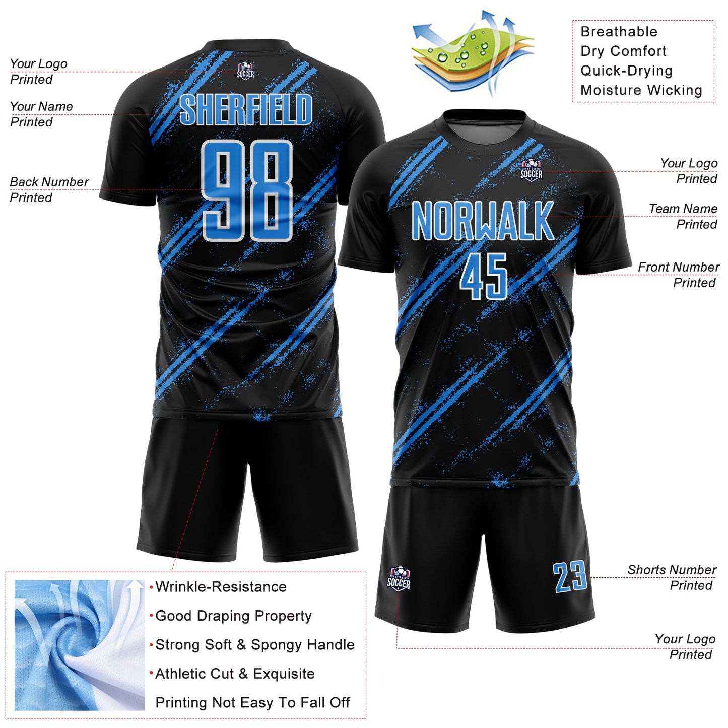Custom Black Powder Blue-White Abstract Fragment Art Splash Sublimation Soccer Uniform Jersey T-Shirts, Hoodie,... (Image 4)