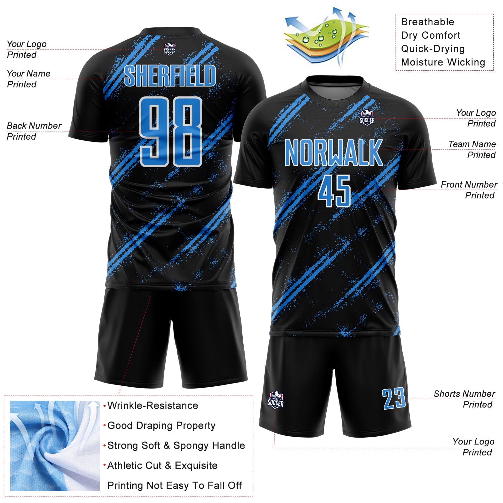 Custom Black Powder Blue-White Abstract Fragment Art Splash Sublimation Soccer Uniform Jersey T-Shirts, Hoodie,... (Image 4)