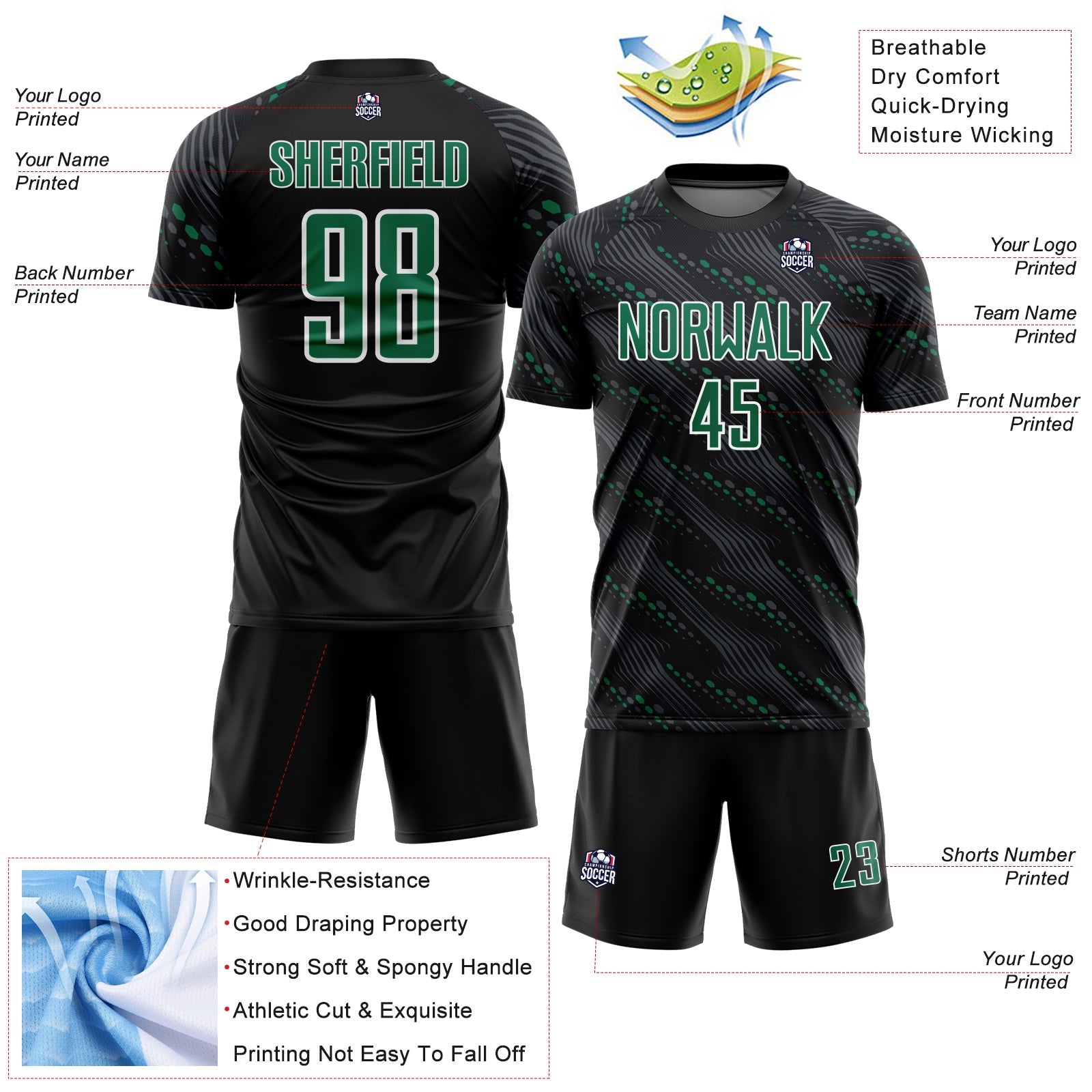 Custom Black Kelly Green-White Slant Lines Sports Sublimation Soccer Uniform Jersey T-Shirts, Hoodie, Sweatshirt (Image 4)