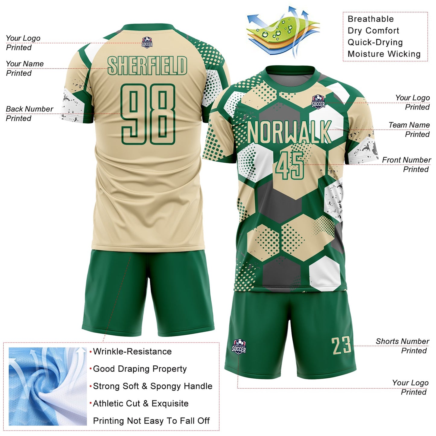 Custom Kelly Green Cream-White Geometric Shape Sublimation Soccer Uniform Jersey