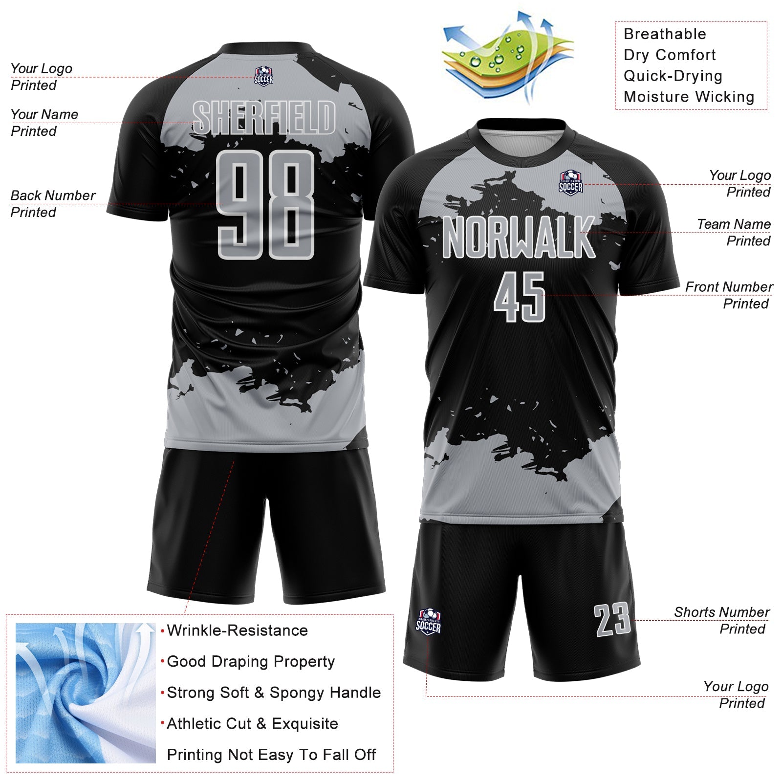 Custom Black Gray-White Abstract Fragment Art Sublimation Soccer Uniform Jersey T-Shirts, Hoodie, Sweatshirt (Image 4)