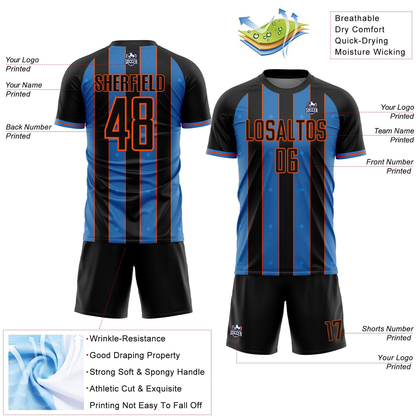 Custom Black Powder Blue-Orange Pinstripe Line Sports Sublimation Soccer Uniform Jersey T-Shirts, Hoodie,... (Image 4)
