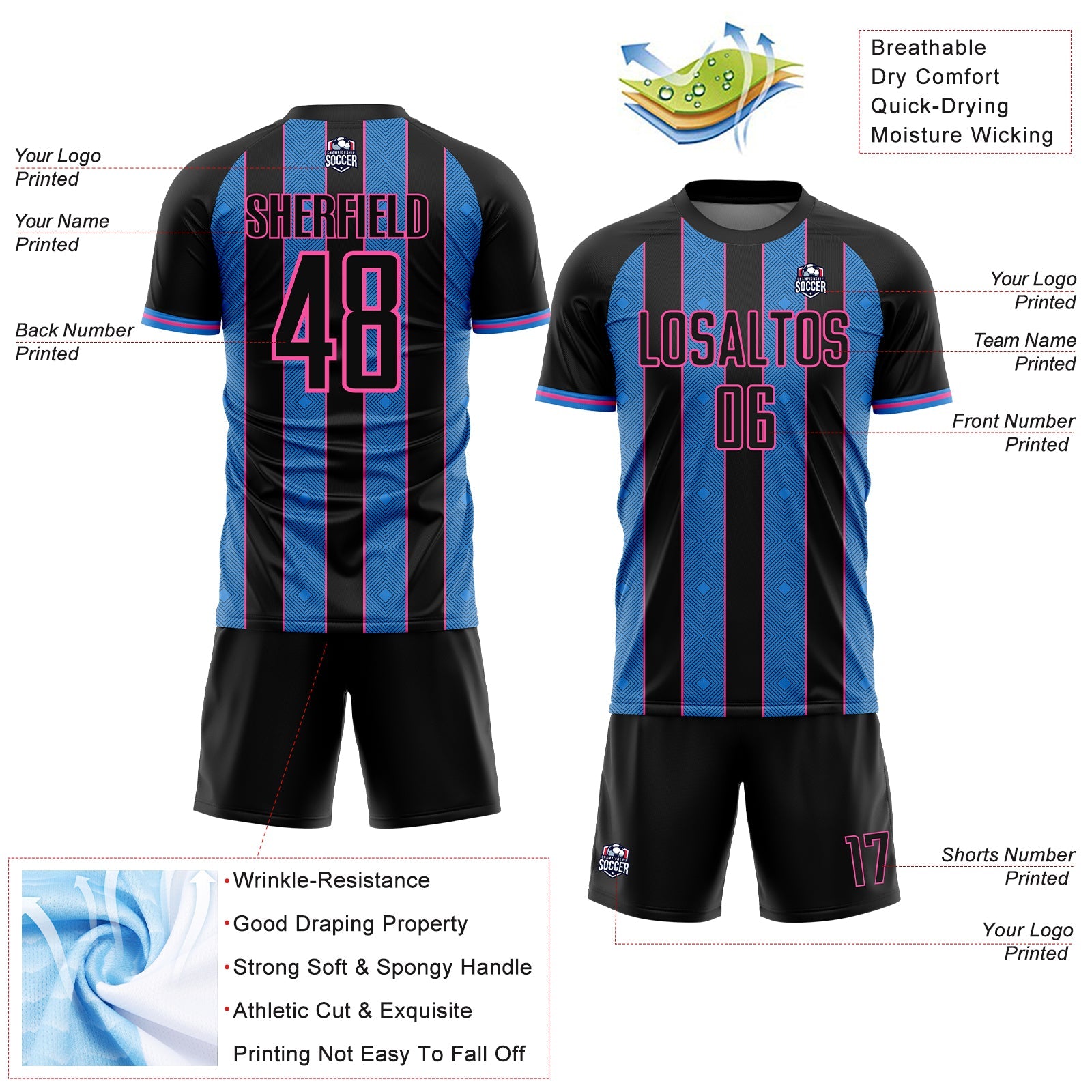 Custom Black Powder Blue-Pink Pinstripe Line Sports Sublimation Soccer Uniform Jersey T-Shirts, Hoodie, Sweatshirt (Image 4)