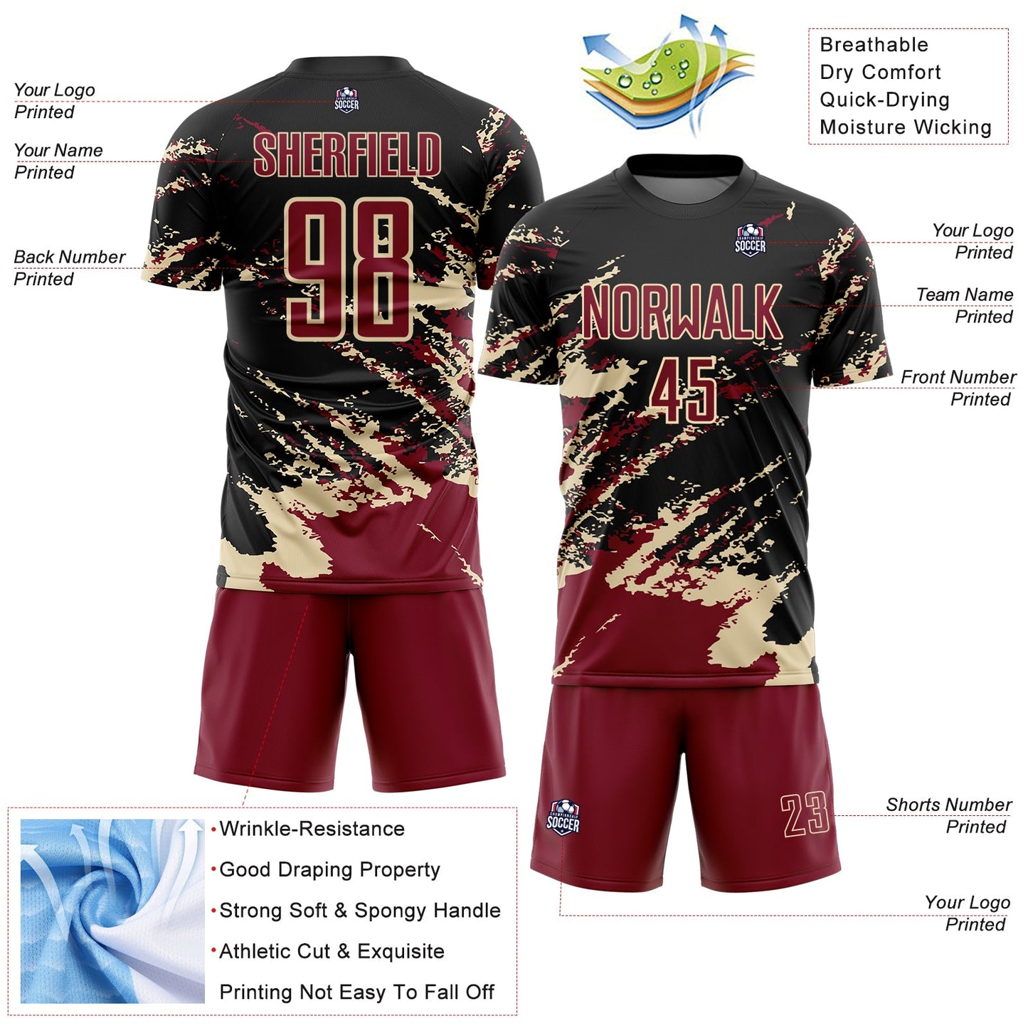 Custom Black Crimson-Cream Abstract Fragment Art Splash Sports Sublimation Soccer Uniform Jersey T-Shirts,... (Image 4)
