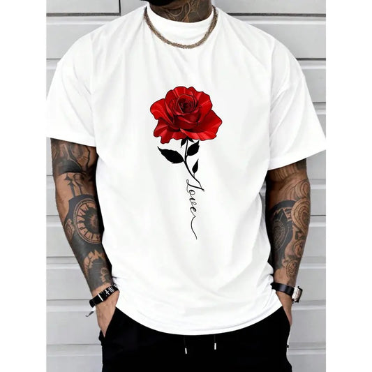 Soft and Comfortable Rose Print Tee Shirt, Casual Short Sleeve T-shirt for Summer, Tees for Men Made in USA