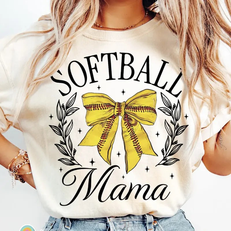 Softball Bow Mama Shirt #1~ Unisex Apparel Relaxed Fit Printed In The USA Clothing Womenswear Casual Comfort Cotton Top Athletic Boho Chic