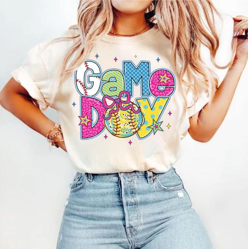 Softball Coquette T-shirt, Brushstroke Game Day, Mama, Softball Bow, Sports