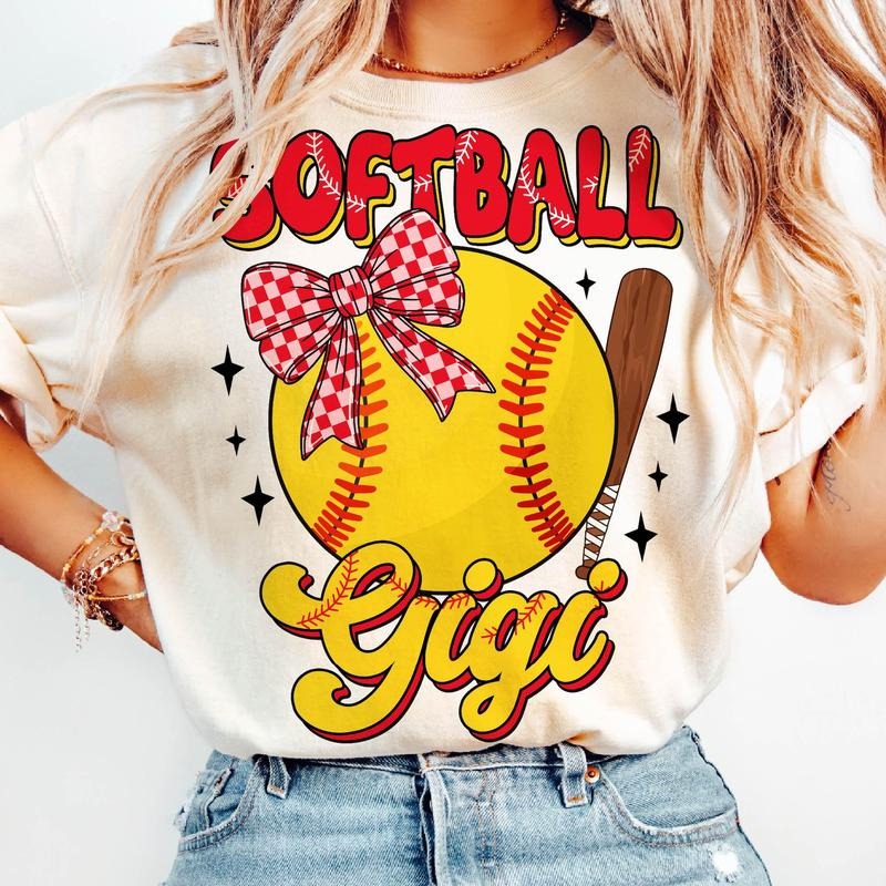 Softball Gigi T-Shirt, Retro Softball Mama Shirt, Softball Coquette T-Shirt, Game Day Softball Bow Shirt, Softball Sports Shirt T-Shirt